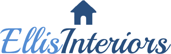 The logo of Ellis Interiors featuring a small blue house with the words Ellis Interiors underneath in two different shades of blue.